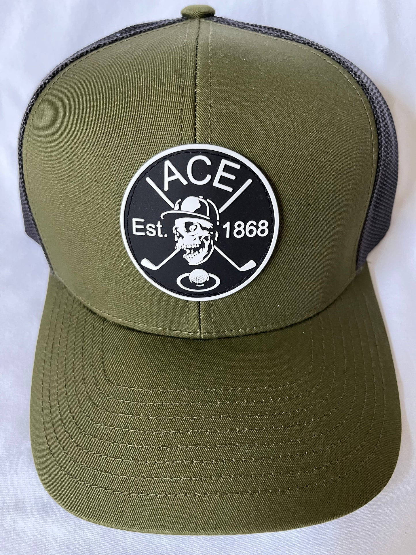 Ace Skull & Sticks Caddy Truckers Hat/Moss & Black